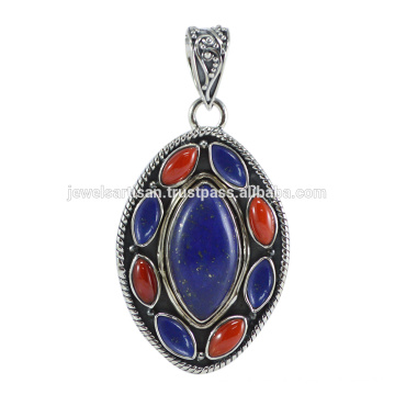 Bijoux pendentif en argent sterling 925 en pierres précieuses Coral et Lapis